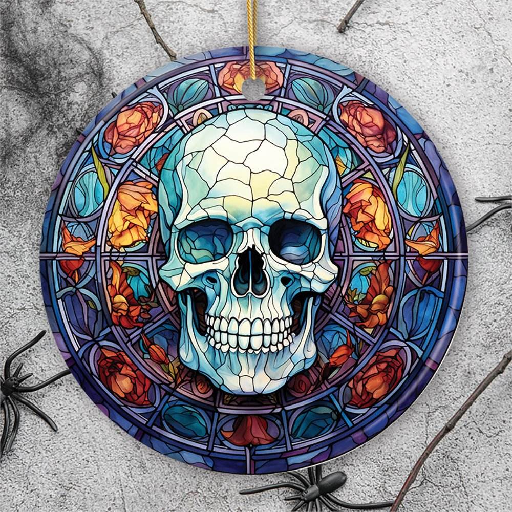 Ghastly Grin Spooky Halloween Skull Stained Glass Style Ceramic Ornament, Halloween Themed Christmas Gift and Decor - Circle