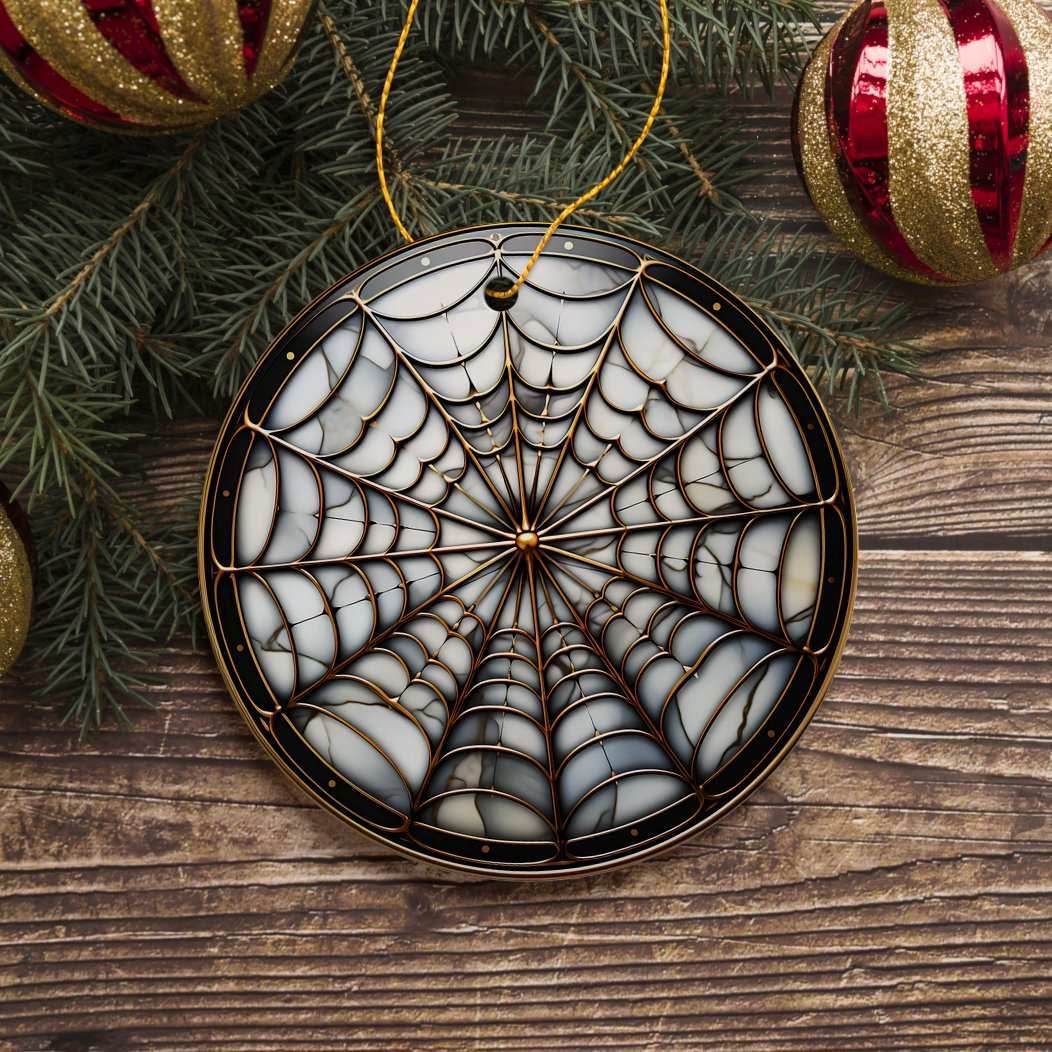 Golden Arachnid Haunt Intricate Spider Web Stained Glass Style Ceramic Ornament, Halloween Themed Christmas Gift and Decor - Circle