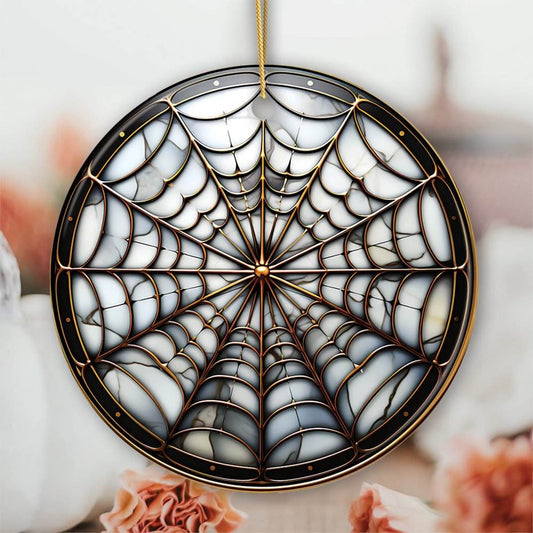 Golden Arachnid Haunt Intricate Spider Web Stained Glass Style Ceramic Ornament, Halloween Themed Christmas Gift and Decor - Circle