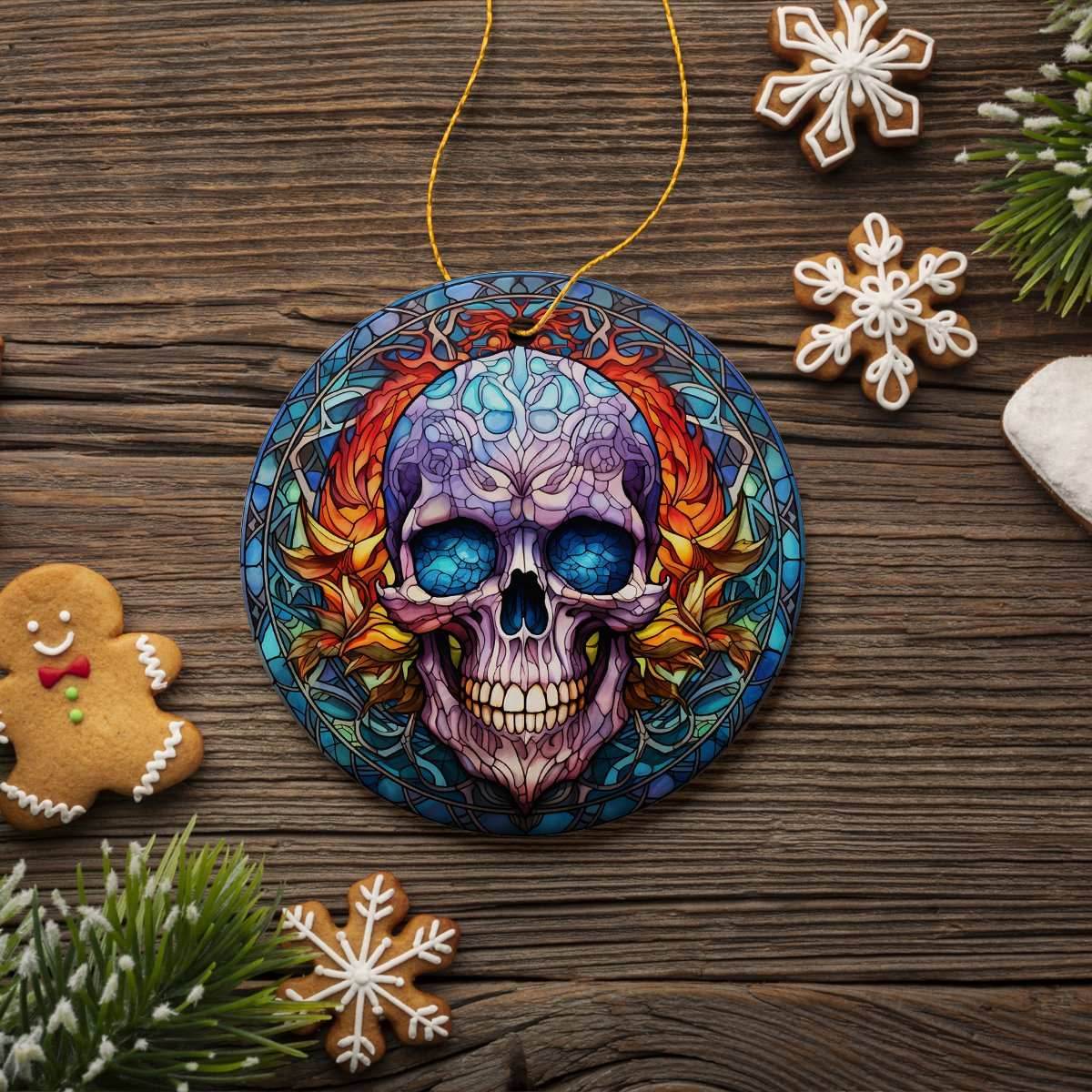 Grim Guardian Haunting Skull Stained Glass Style Ceramic Ornament, Halloween Themed Christmas Gift and Decor - Circle