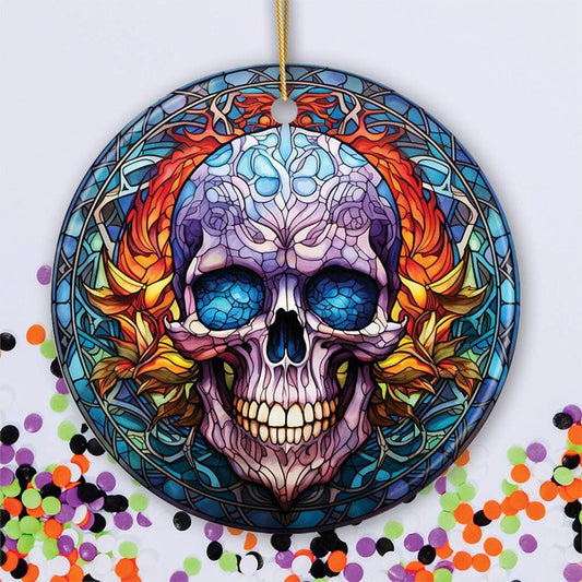 Grim Guardian Haunting Skull Stained Glass Style Ceramic Ornament, Halloween Themed Christmas Gift and Decor - Circle