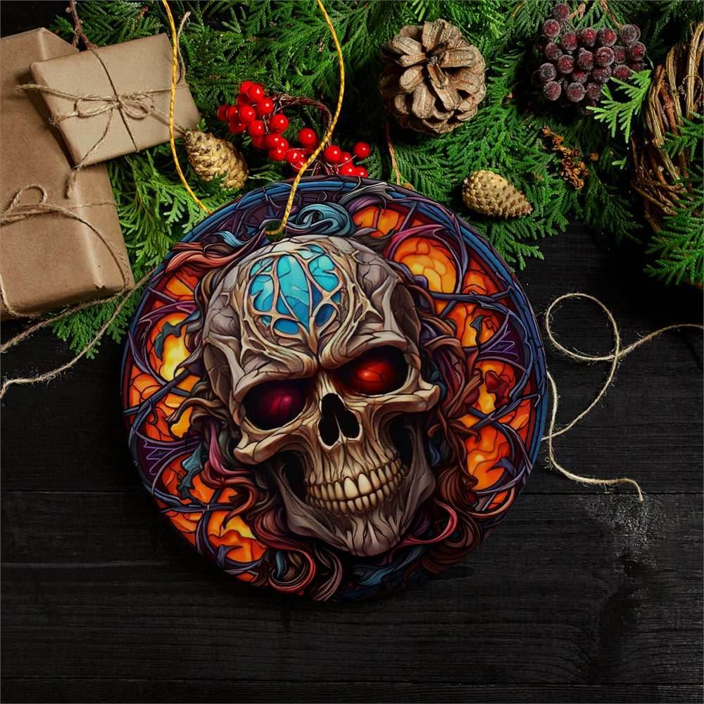 Phantom's Grin Sinister Skull Stained Glass Style Ceramic Ornament, Halloween Themed Christmas Gift and Decor - Circle
