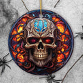 Phantom's Grin Sinister Skull Stained Glass Style Ceramic Ornament, Halloween Themed Christmas Gift and Decor - Circle