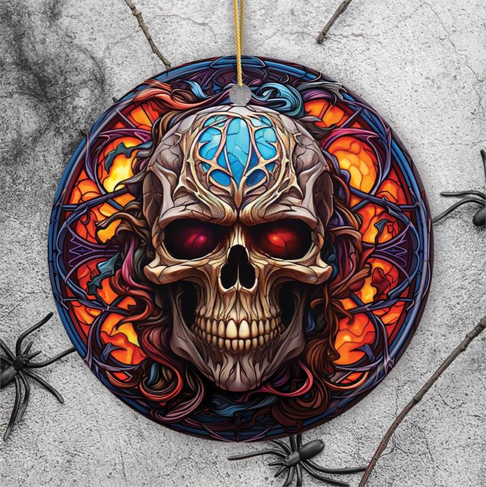 Phantom's Grin Sinister Skull Stained Glass Style Ceramic Ornament, Halloween Themed Christmas Gift and Decor - Circle
