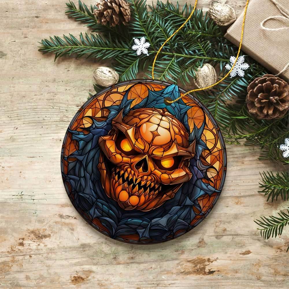 Pumpkin Skull with Glowing Red Eyes Stained Glass Style Ceramic Ornament, Halloween Themed Christmas Gift and Decor - Circle