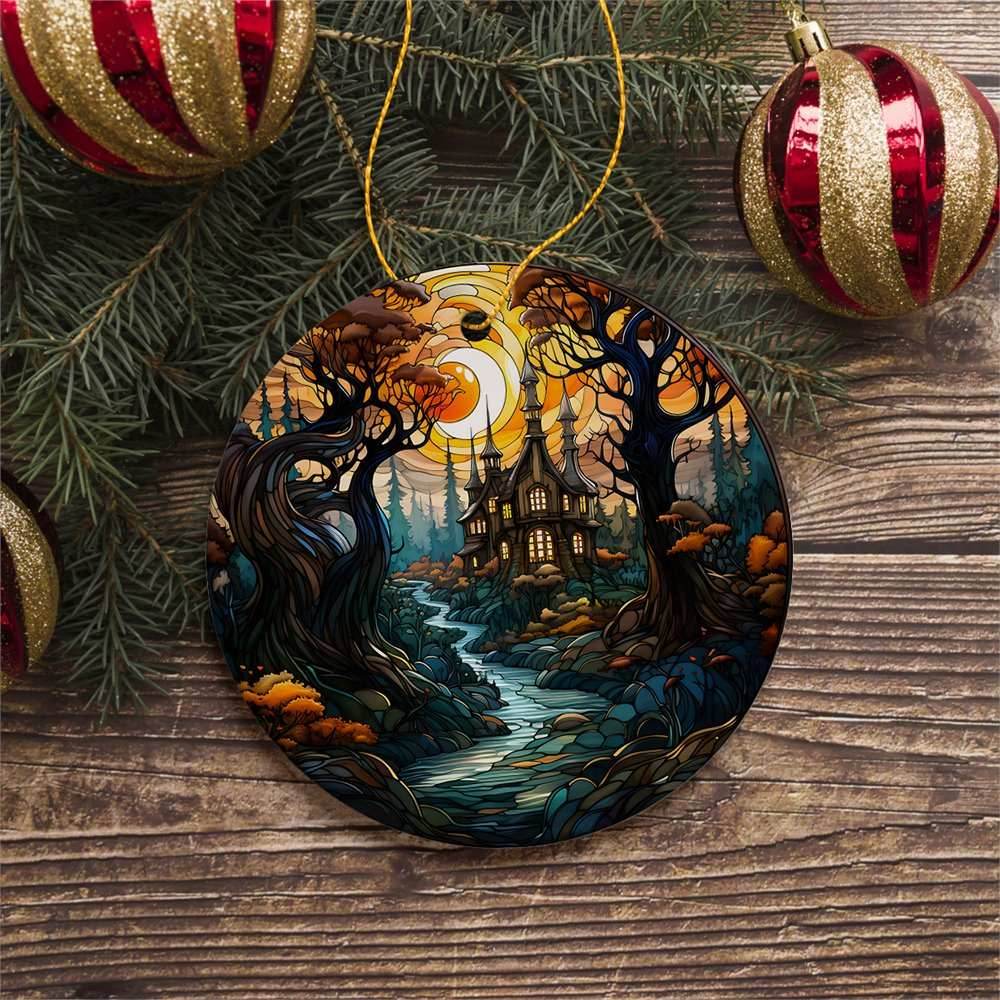 Sinister Manor Haunted House Stained Glass Style Ceramic Ornament, Halloween Themed Christmas Gift and Decor - Circle