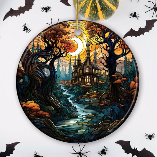 Sinister Manor Haunted House Stained Glass Style Ceramic Ornament, Halloween Themed Christmas Gift and Decor - Circle