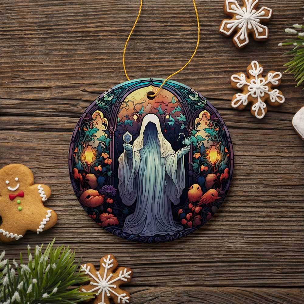 Spectral Shivers Hauntingly Scary Ghost Stained Glass Style Ceramic Ornament, Halloween Themed Christmas Gift - Circle