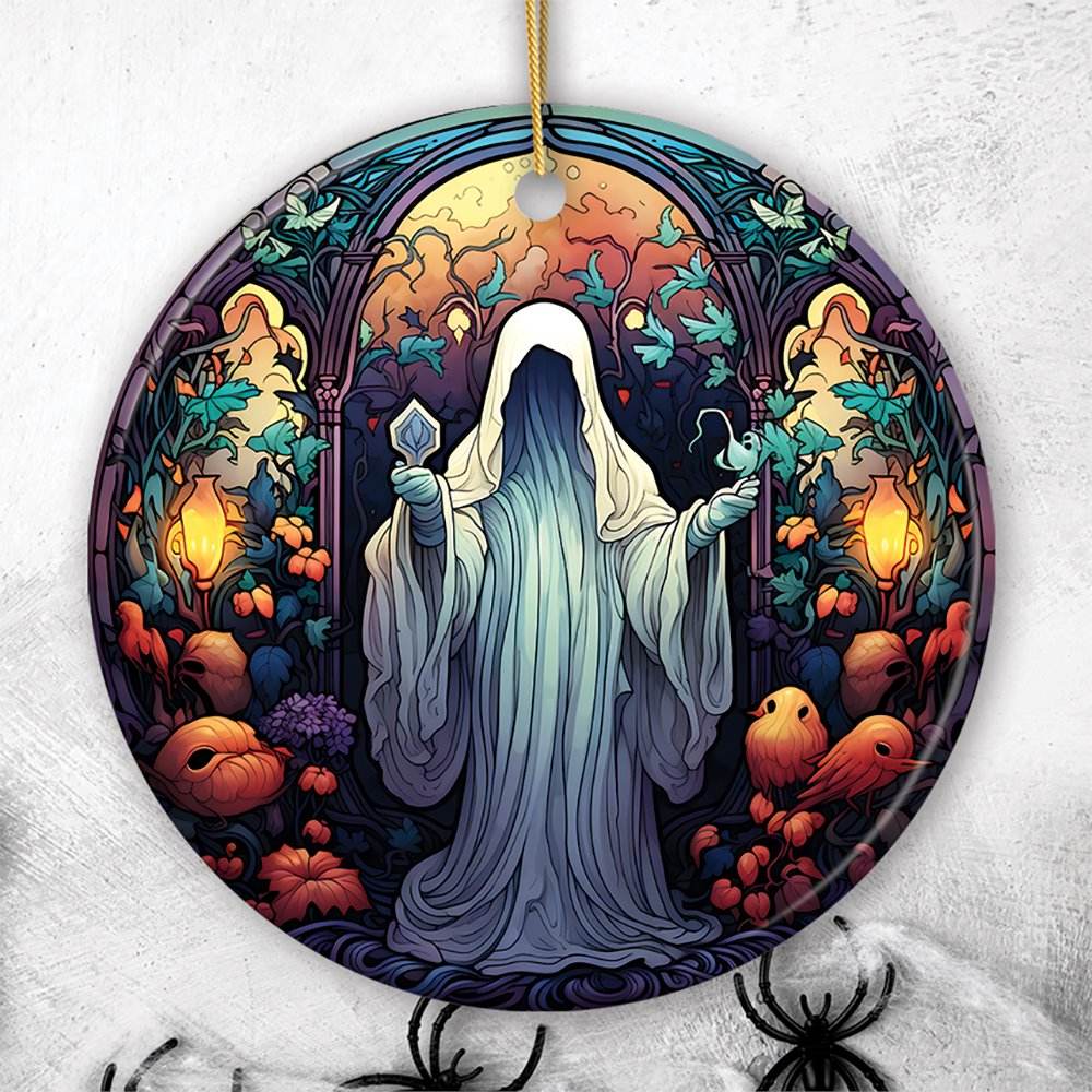 Spectral Shivers Hauntingly Scary Ghost Stained Glass Style Ceramic Ornament, Halloween Themed Christmas Gift - Circle