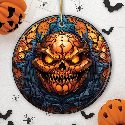 Pumpkin Skull with Glowing Red Eyes Stained Glass Style Ceramic Ornament, Halloween Themed Christmas Gift and Decor - Circle