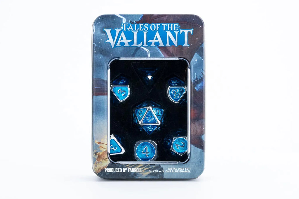 Tales of the Valiant Metal Dice Set: Silver w/ Light Blue Enamel
