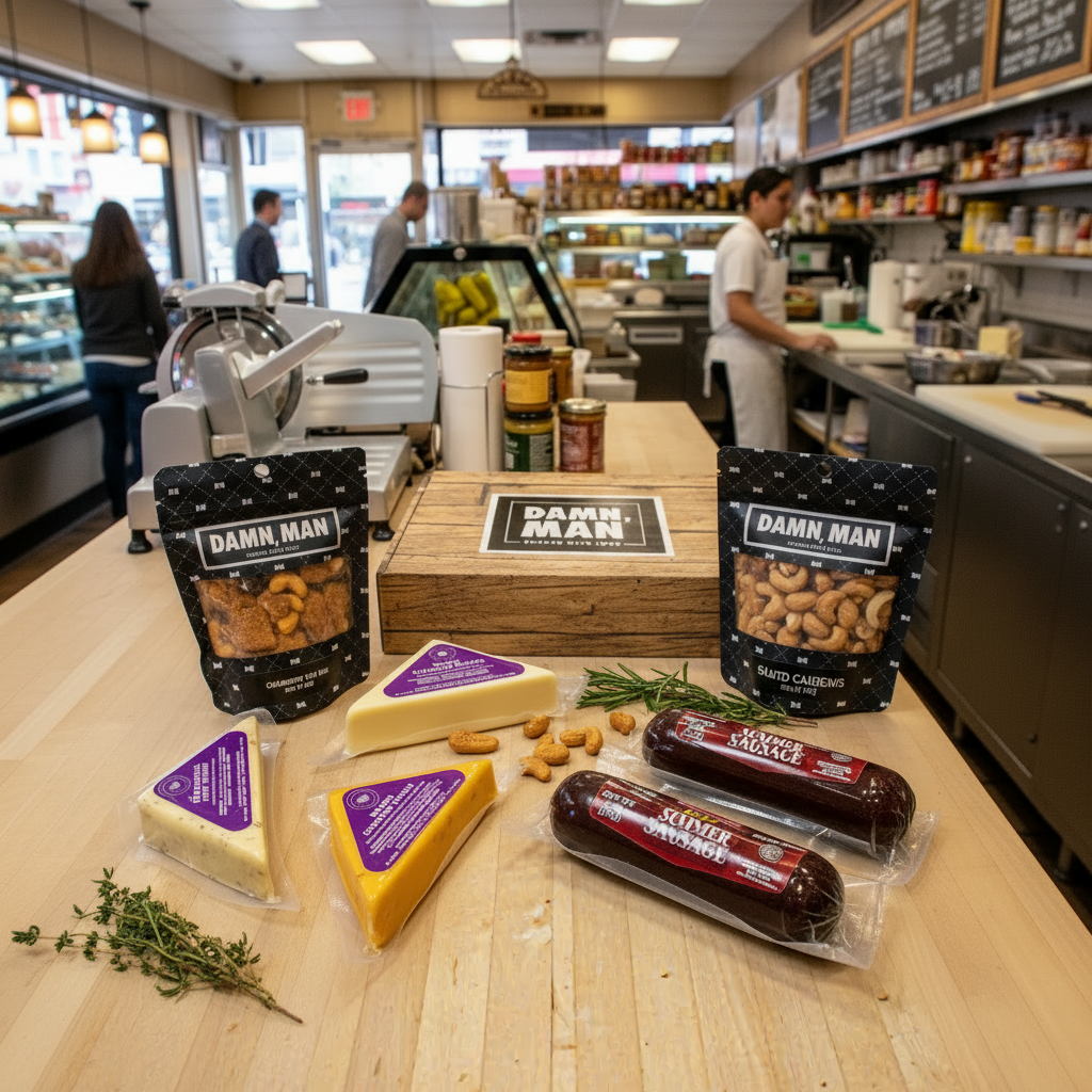 Delicatessen Gift Box – Gourmet Cheese, Beef Sausage & Nuts | Perfect Snack Box for Men – Tailgate, Game Night, Birthday Gifts