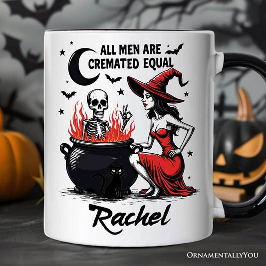 All Men Are Cremated Equal Halloween Personalized Mug, Funny Witch Cauldron Gift with Custom Nam - White - Black / Customized