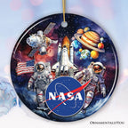 Artistic NASA Handcrafted Christmas Ornament, Astronaut in Outer Space with the Planets - Circle / Version 1
