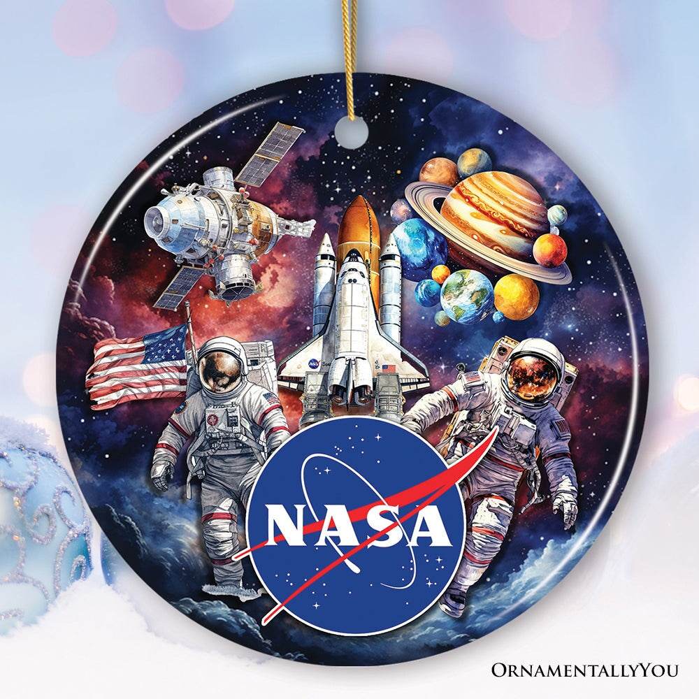 Artistic NASA Handcrafted Christmas Ornament, Astronaut in Outer Space with the Planets - Circle / Version 1