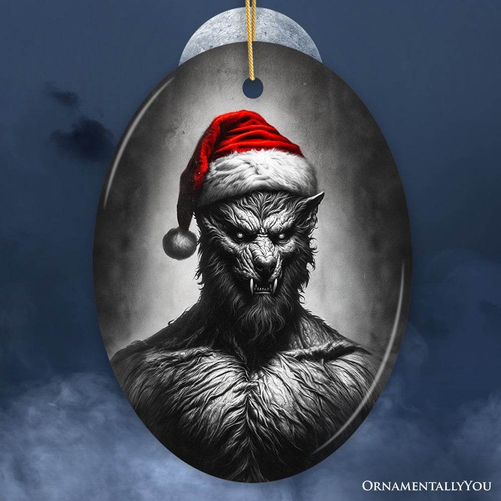 Beastly Werewolf with Santa Hat Ornament, Frightening Holiday Keepsake for Spooky Tree - Oval
