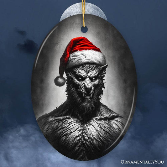 Beastly Werewolf with Santa Hat Ornament, Frightening Holiday Keepsake for Spooky Tree - Oval