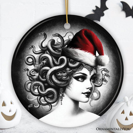 Bewitching Medusa with Santa Hat Ornament, Alluring Christmas Decoration for Halloween Tree Keepsake - Circle