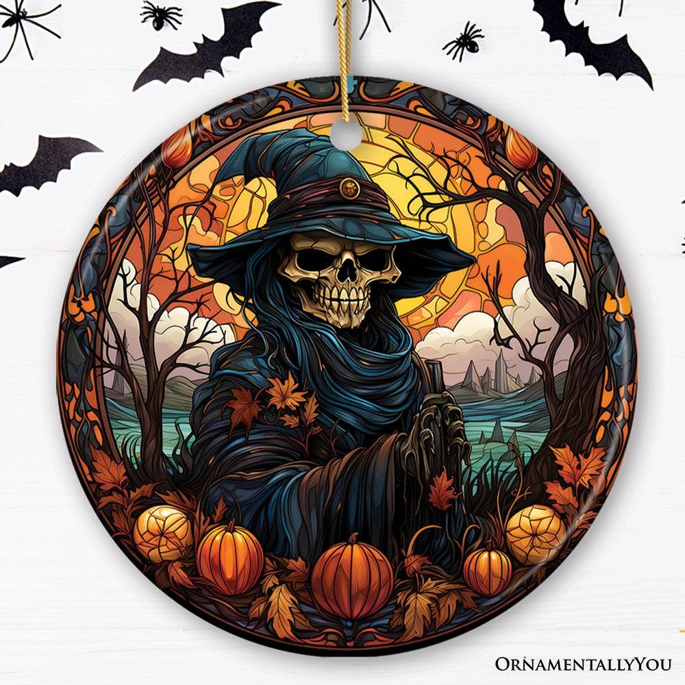 Bewitching Skeletal Sorcery Stained Glass Style Ceramic Ornament, Halloween Themed Christmas Gift and Decor - Circle