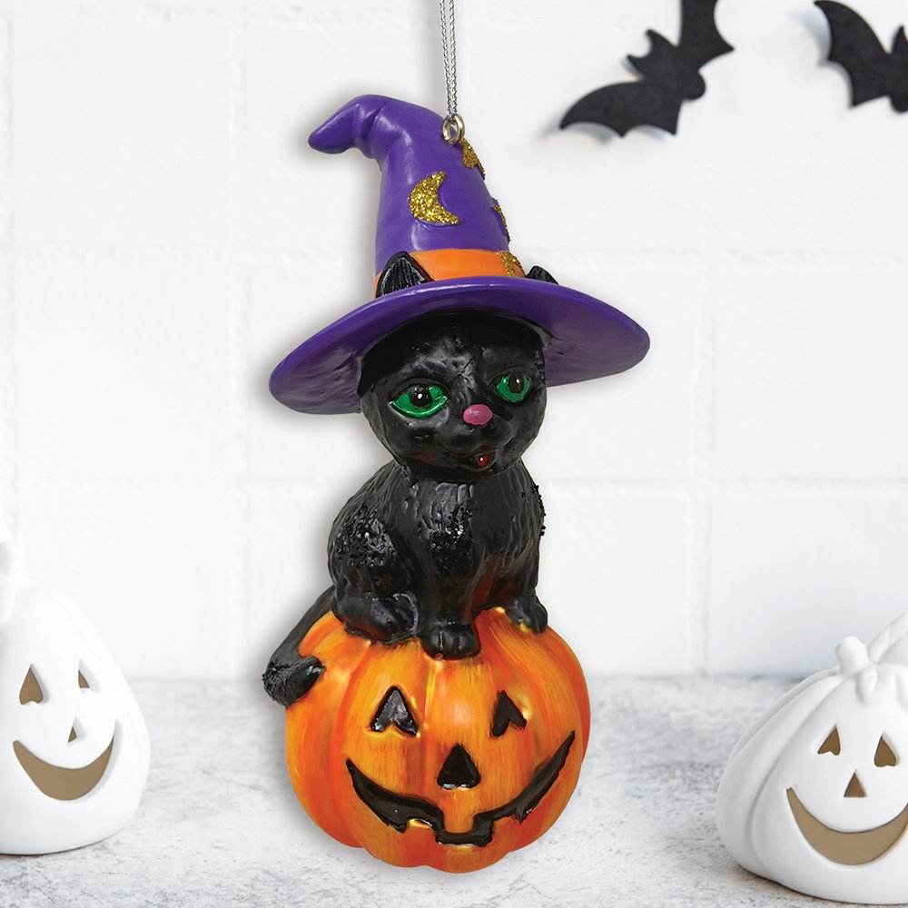Black Cat on Pumpkin Spooky Glass Christmas Ornament, Witch Hat Halloween Theme - 