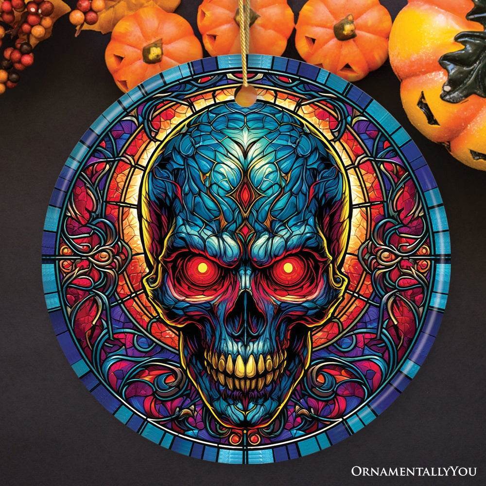 Bone-Chilling Spooky Skull Stained Glass Style Ceramic Ornament, Halloween Themed Christmas Gift and Decor - Circle