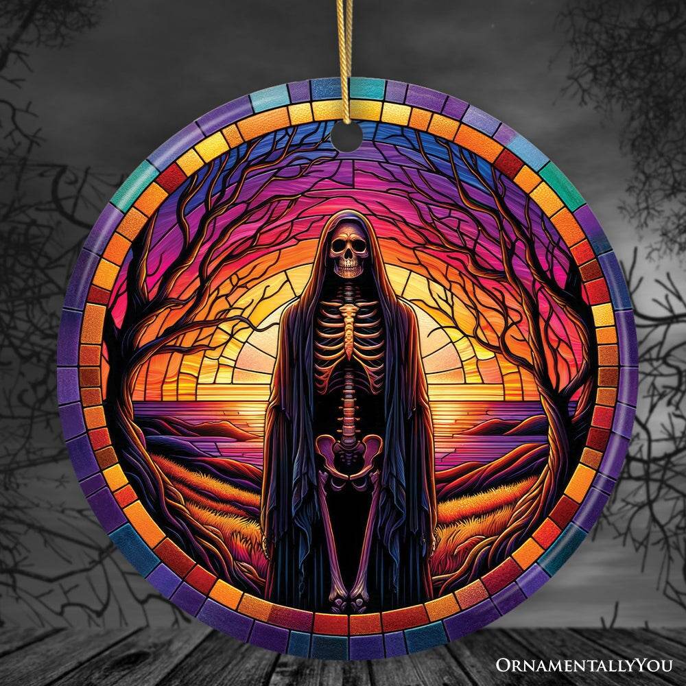 Bony Fright Halloween Skeleton Decor Stained Glass Style Ceramic Ornament, Halloween Themed Christmas Gift and Decor - Circle