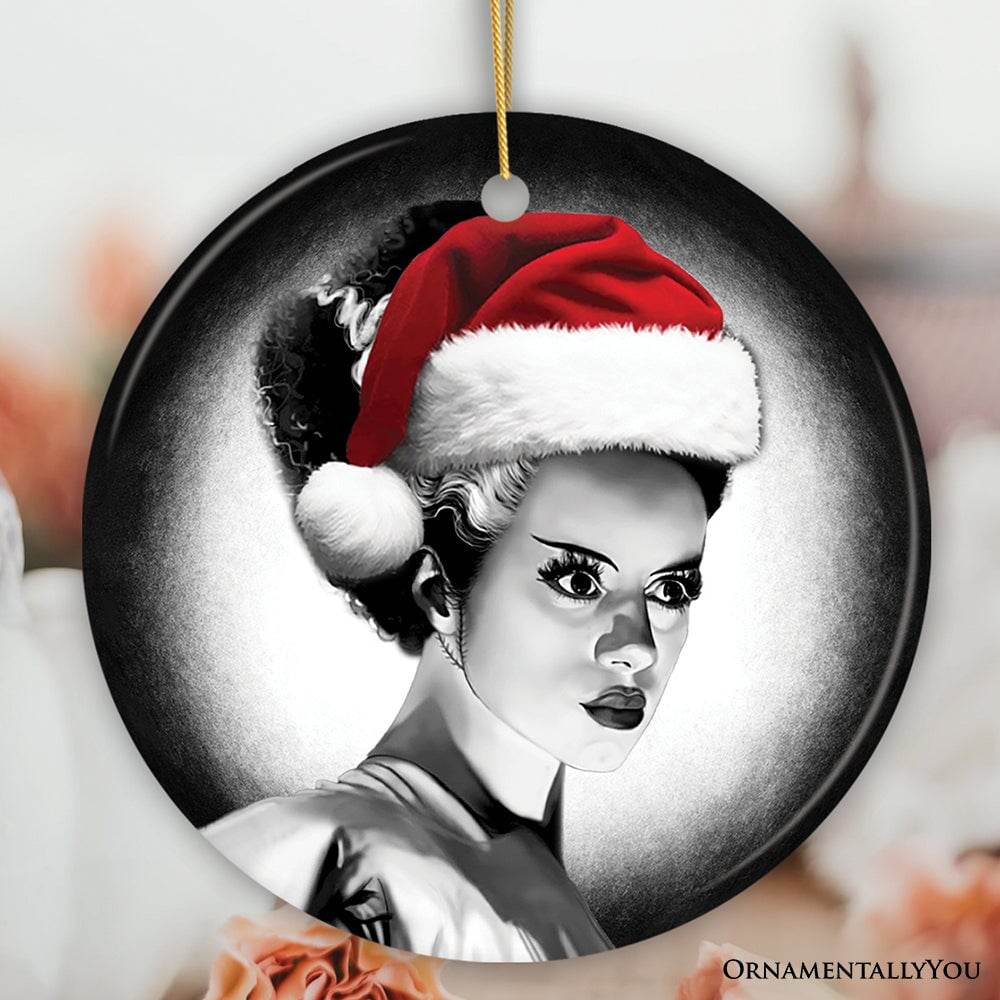 Chilling Bride of Frankenstein Santa Ornament, Gothic Themed Halloween Christmas Gift and Decor - Circle