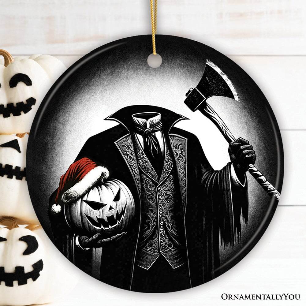 Creepy Headless Horseman And Pumpkin With Santa Hat Ornament, Horror Themed Christmas Decor for Halloween Tree - Circle
