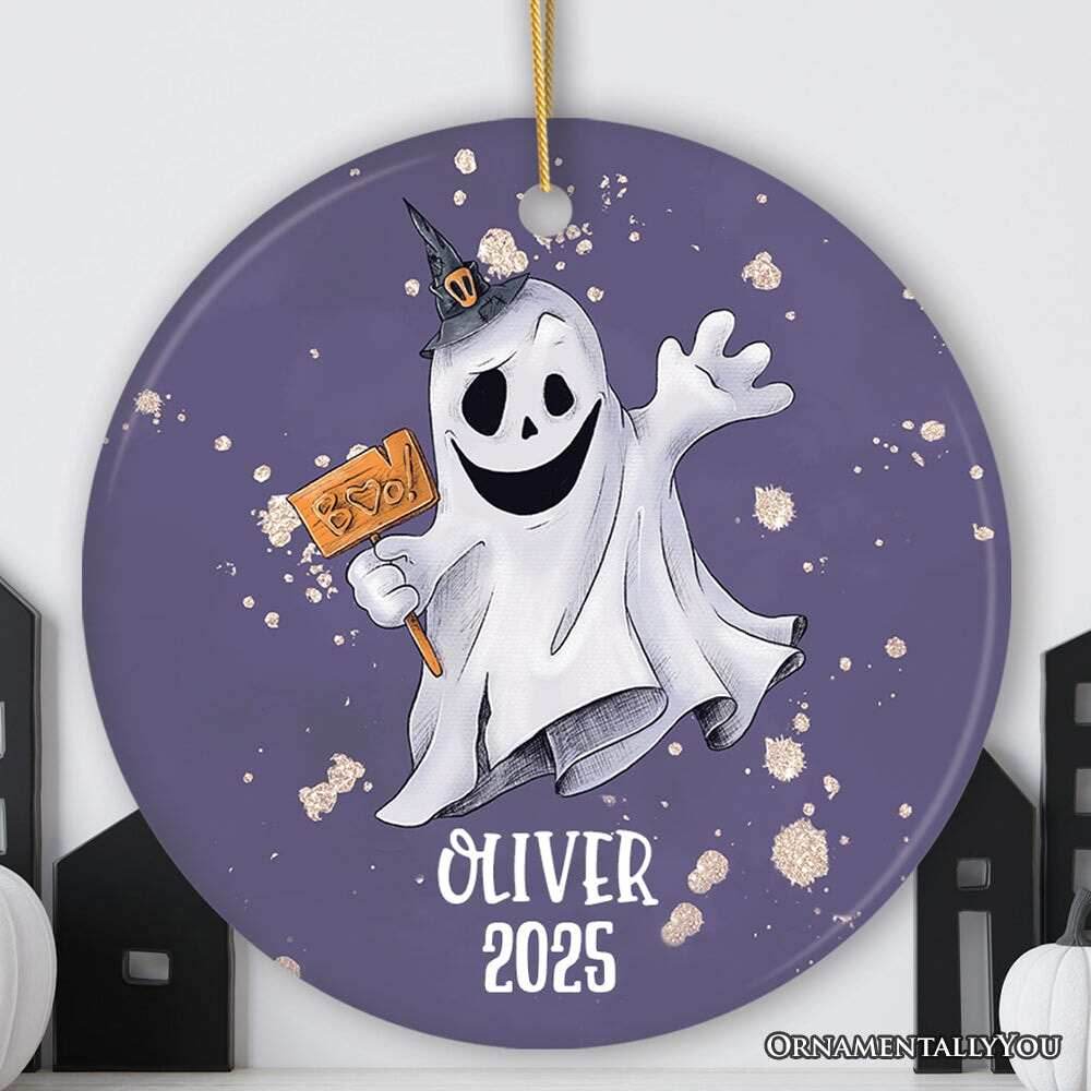 Customized Spooky Ghost Phantom Playful Halloween Ornament - Circle