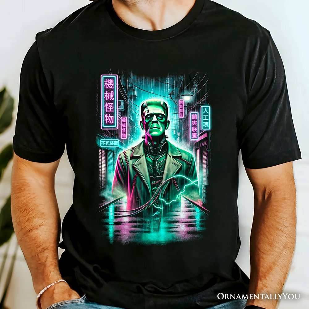 Cyberpunk Frankenstein T‑Shirt, Neon Halloween Monster Tee - Black / XS