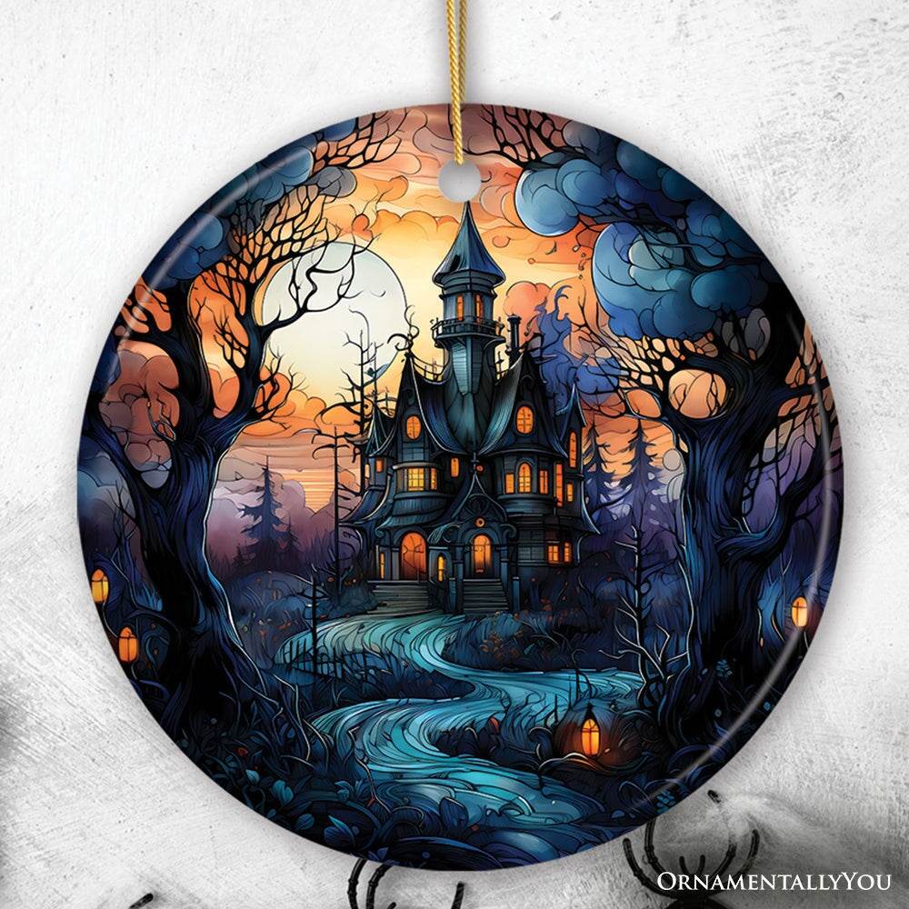 Dark and Gloomy Haunted House Stained Glass Style Ceramic Ornament, Halloween Themed Christmas Gift and Decor - Circle
