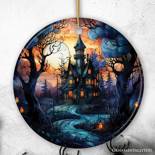 Dark and Gloomy Haunted House Stained Glass Style Ceramic Ornament, Halloween Themed Christmas Gift and Decor - Circle
