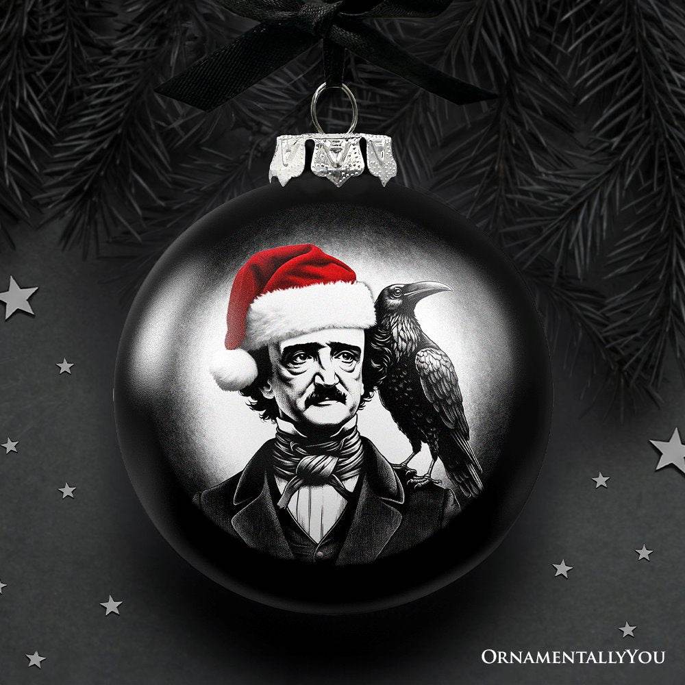 Edgar Allan Poe Spooky Christmas Portrait Glass Ornament, Black Horror Halloween Tree Decoration - 