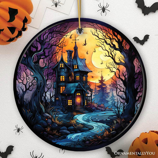 Eerie Abode Amidst Spooky Trees Stained Glass Style Ceramic Ornament, Halloween Themed Christmas Gift and Decor - Circle