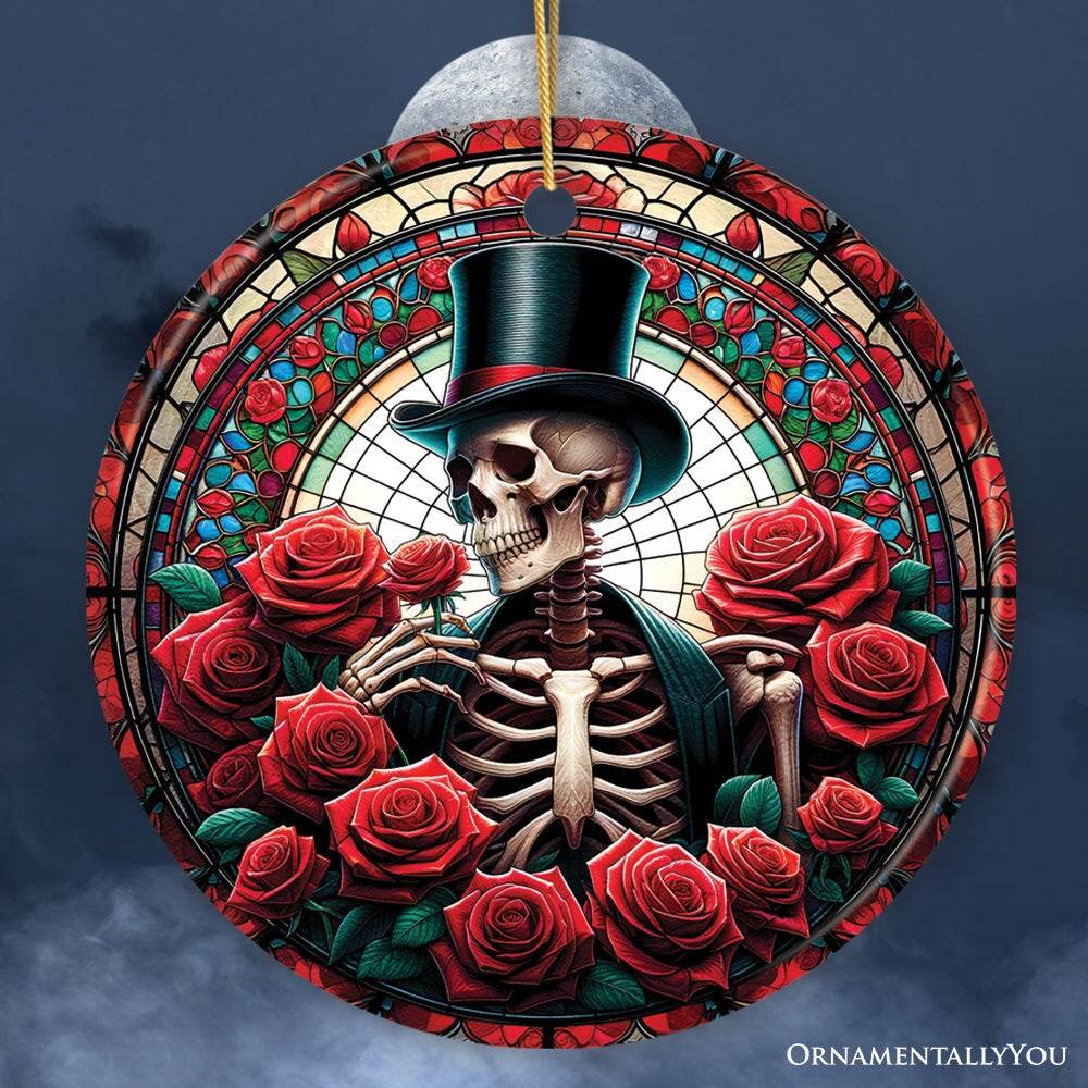 Elegant Bones Top-Hat Skeleton with Roses Stained Glass Style Ceramic Ornament, Halloween Themed Christmas Gift and Decor - Circle