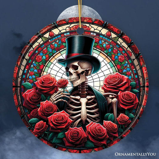 Elegant Bones Top-Hat Skeleton with Roses Stained Glass Style Ceramic Ornament, Halloween Themed Christmas Gift and Decor - Circle
