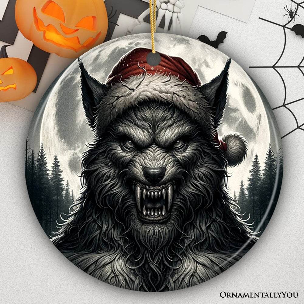 Ferocious Werewolf with Santa Hat Ornament, Terrifying Holiday Gift for Halloween Lovers - Circle / Version 1