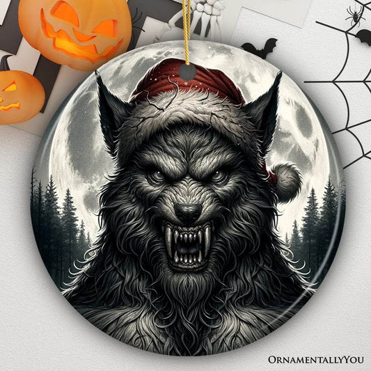 Ferocious Werewolf with Santa Hat Ornament, Terrifying Holiday Gift for Halloween Lovers - Circle / Version 1