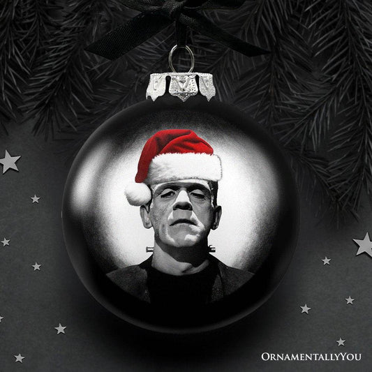Frankenstein Christmas Spooky Portrait Glass Ornament, Black Horror Halloween Tree Decoration - 