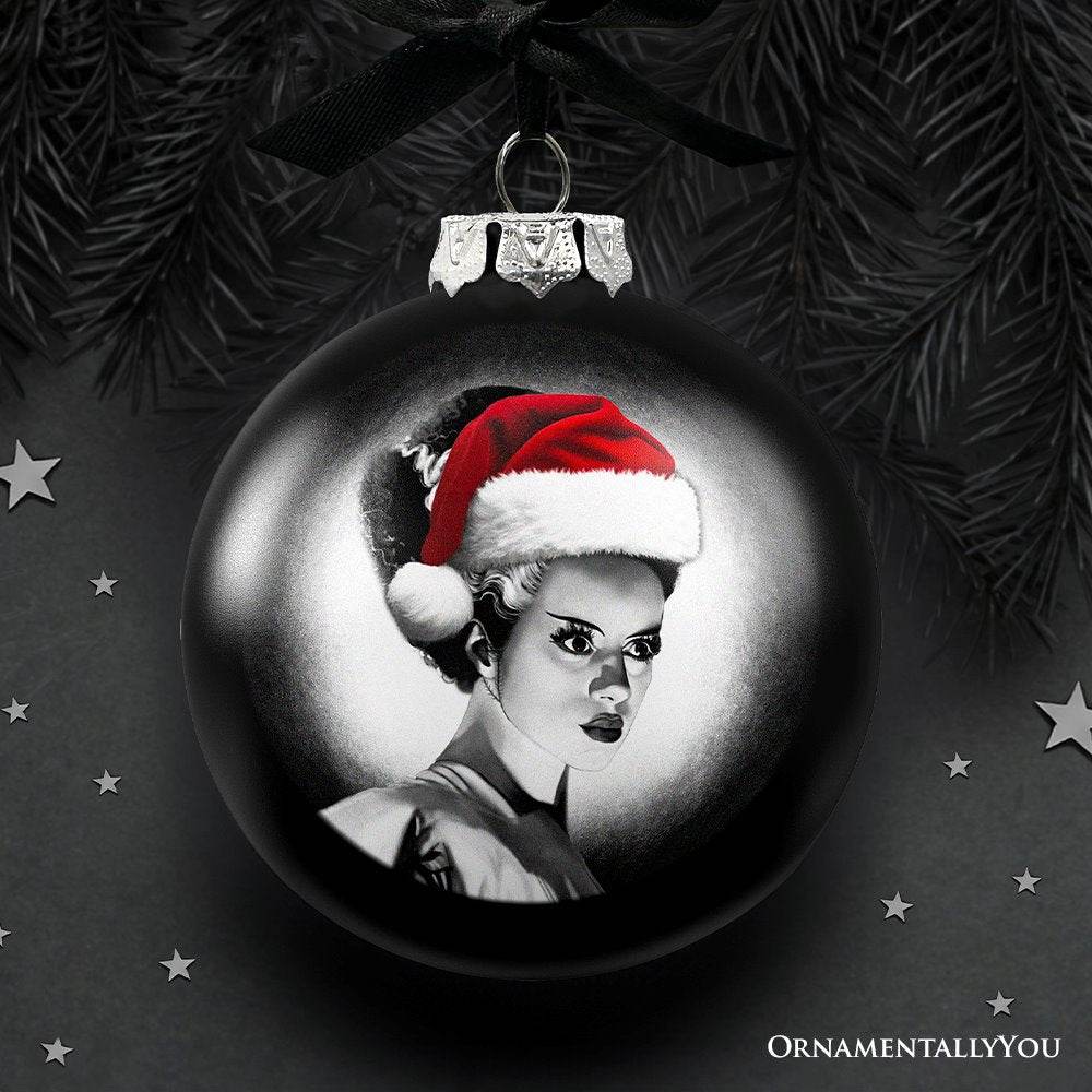 Frankenstein's Bride Christmas Spooky Portrait Glass Ornament, Black Horror Halloween Tree Decoration - 