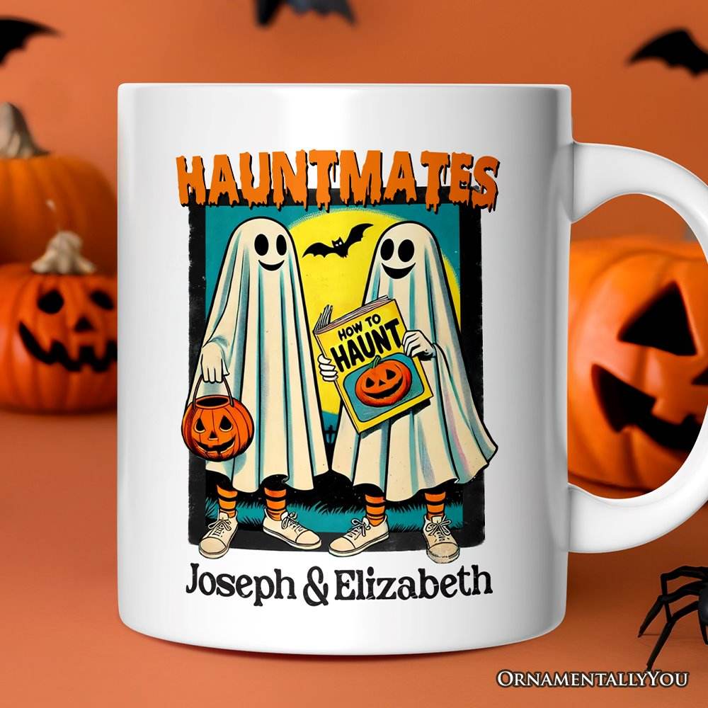 Funny Retro Ghosts Hauntmates Personalized Mug, Vintage Best Friend Halloween Gift with Custom Names - 12oz Mug / Customized