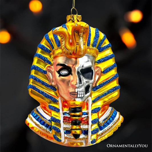 Evil Egyptian Pharoah Half Skull Head Glass Ornament, Gothic Halloween Tree Decor - 