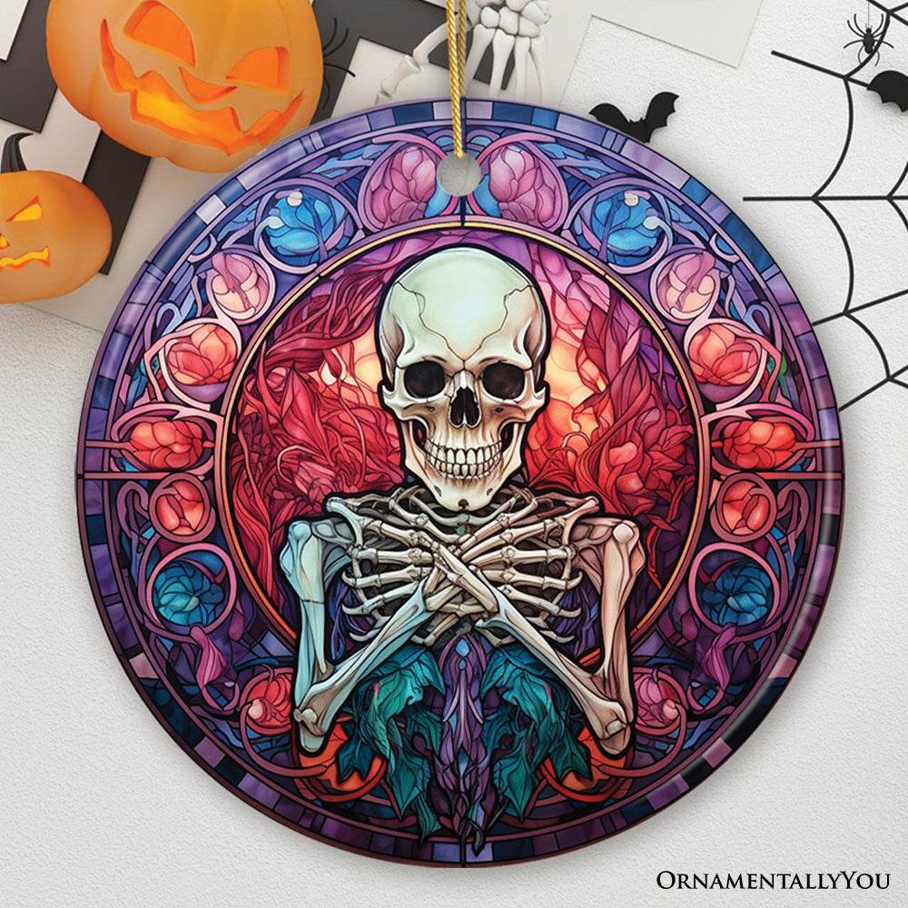 Ghastly Grins Haunted Halloween Skeleton Stained Glass Style Ceramic Ornament, Halloween Themed Christmas Gift - Circle