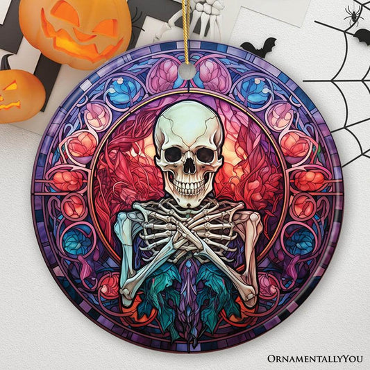 Ghastly Grins Haunted Halloween Skeleton Stained Glass Style Ceramic Ornament, Halloween Themed Christmas Gift - Circle
