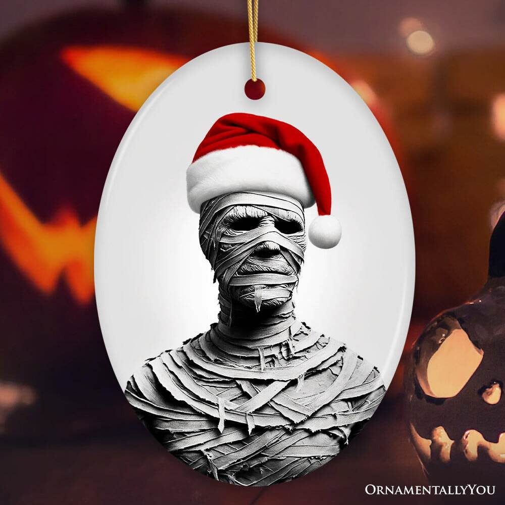 Ghoulish Mummy with Santa Hat Ornament, Sinister Holiday Keepsake for Halloween Lovers - Oval