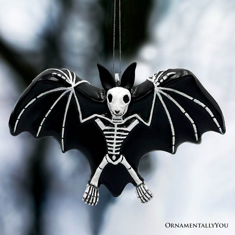 Gothic Bat Skeleton Handcrafted Glass Ornament, Horror Tree Halloween Decor - 