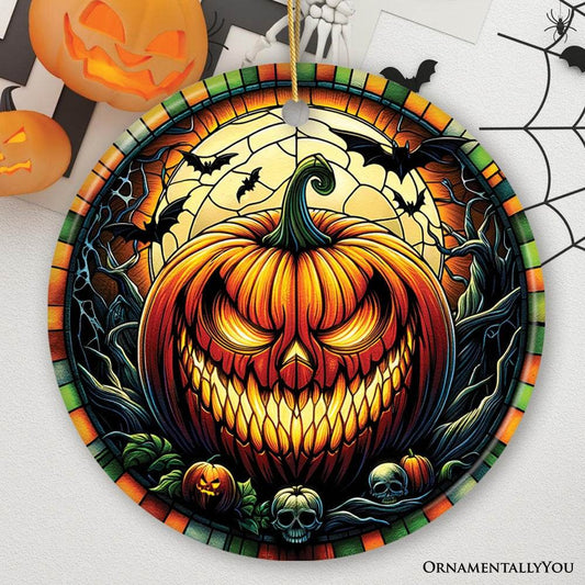 Grim Grinning Gourd Pumpkin Decor Stained Glass Style Ceramic Ornament, Halloween Themed Christmas Gift - Circle