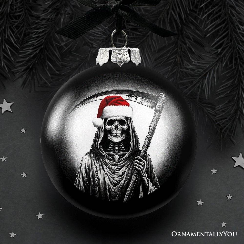 Grim Reaper Christmas Spooky Portrait Glass Ornament, Black Horror Halloween Tree Decoration - 