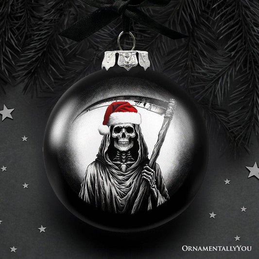 Grim Reaper Christmas Spooky Portrait Glass Ornament, Black Horror Halloween Tree Decoration - 