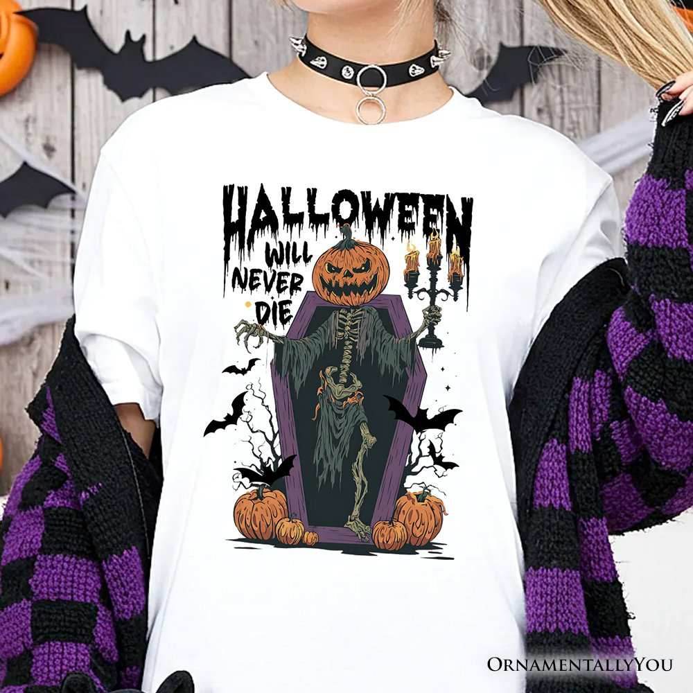 Halloween Will Never Die T-Shirt, Vintage Pumpkin Coffin Skeleton Tee - White / XS
